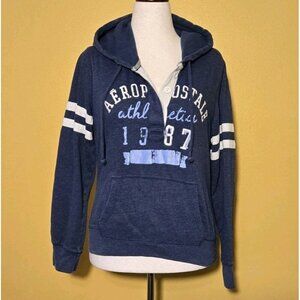 Aeropostale Y2K Hoodie XL Blue Embroidered 1987 Logo Button Kangaroo Stripe VTG